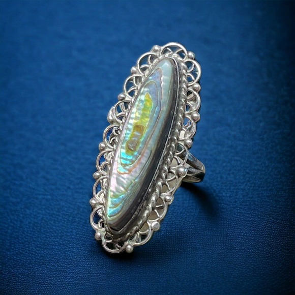 Beautiful ANTIQUE VINTAGE Sterling Silver & Abalone Shell Ring Size 5 - Picture 2 of 11